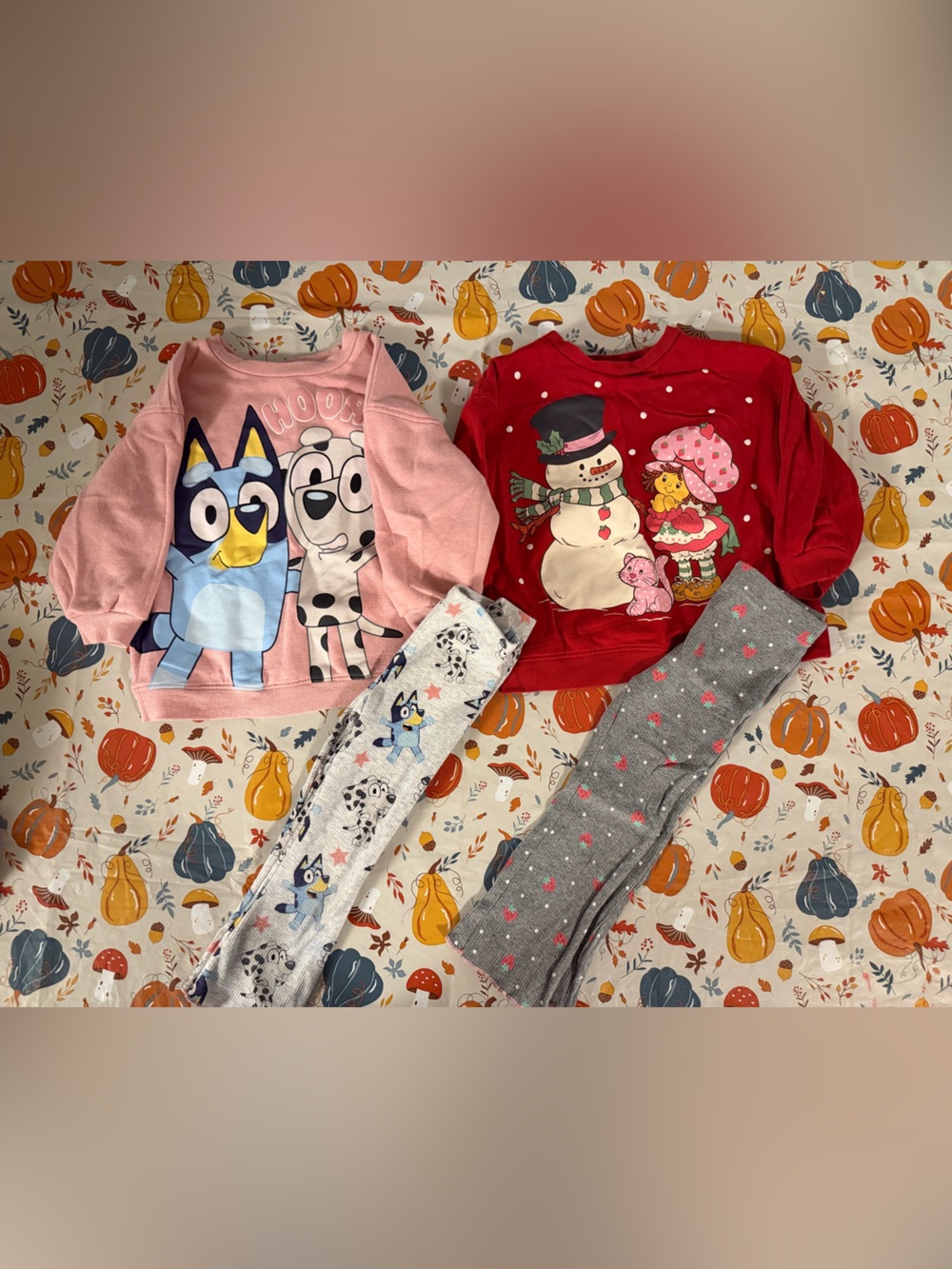 Cute Pink Bluey Hoodie & Holiday Red Snowman Top with Patterned Leggings Set